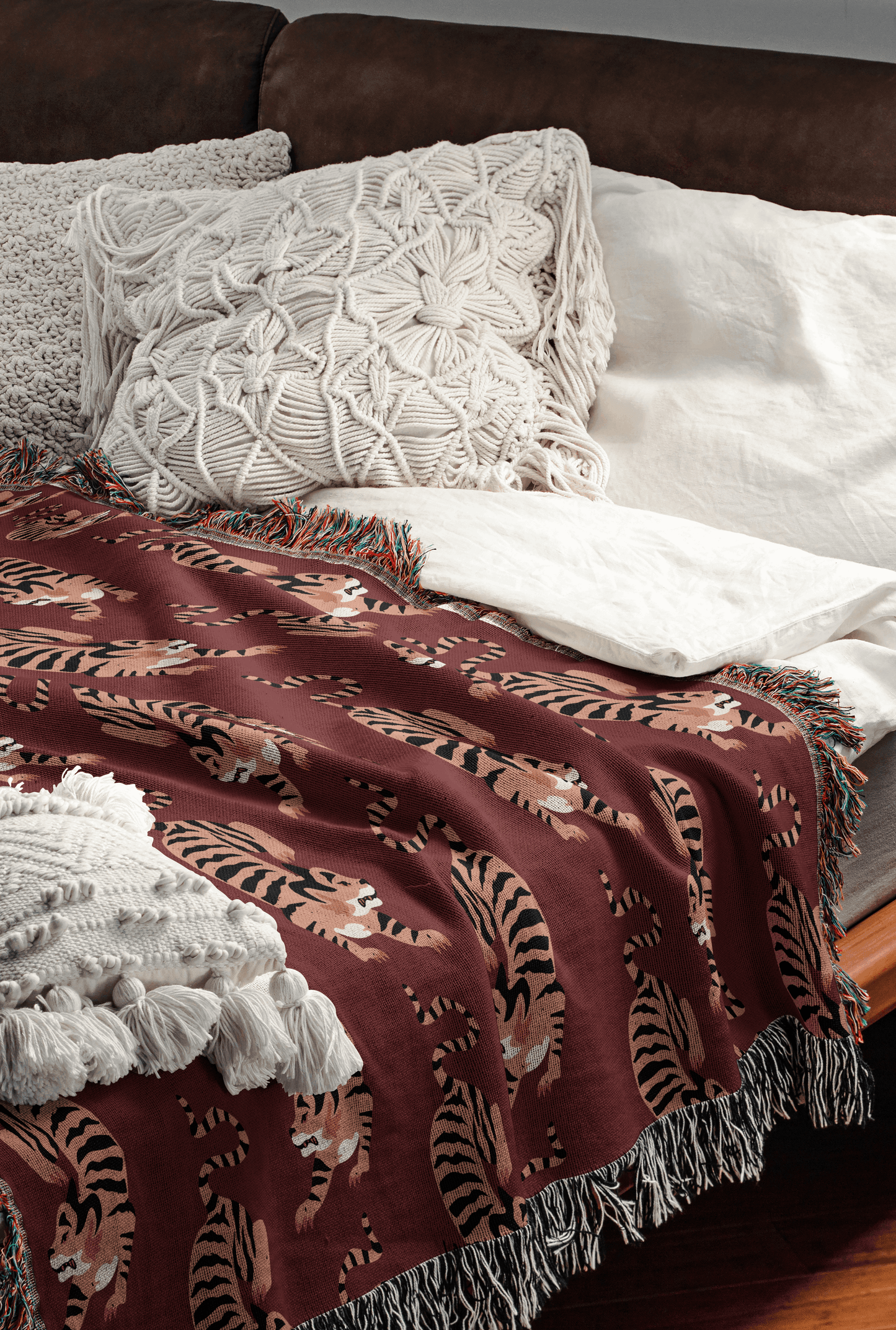 Maroon Vintage Tiger Woven Cotton Blanket