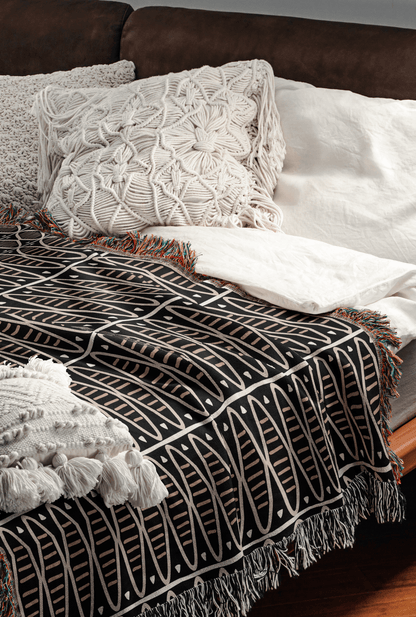 Modern Earth Tone Woven Cotton Blanket in Black and Warm Beige