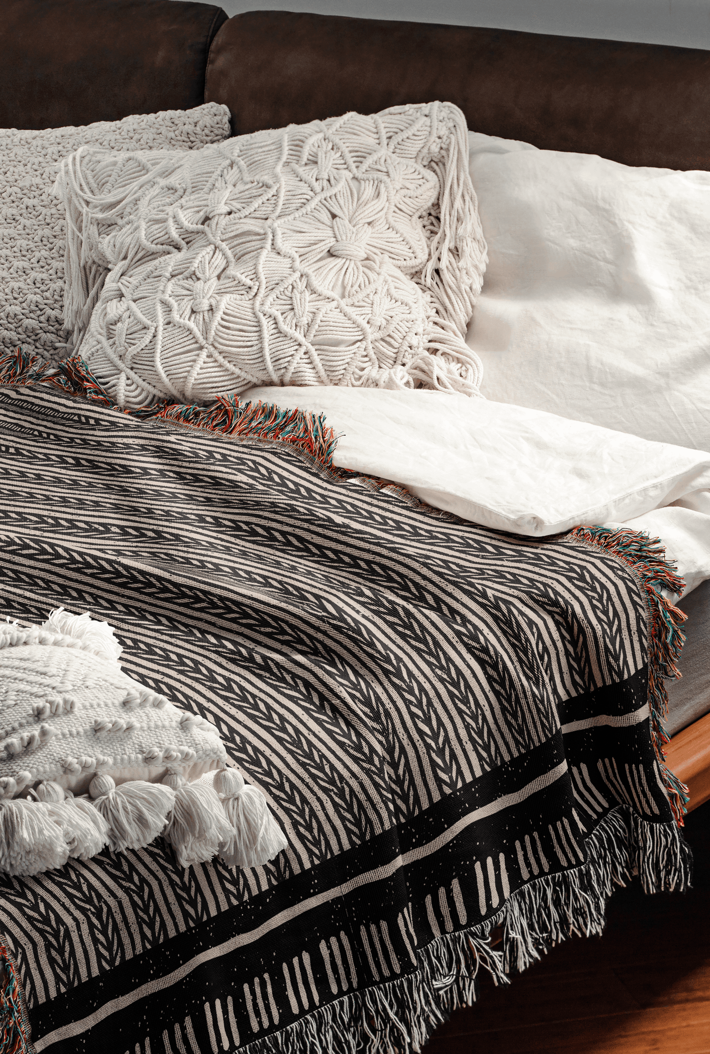 Stripe Woven Cotton Blanket in Black and Warm Beige