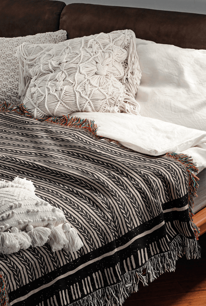 Stripe Woven Cotton Blanket in Black and Warm Beige