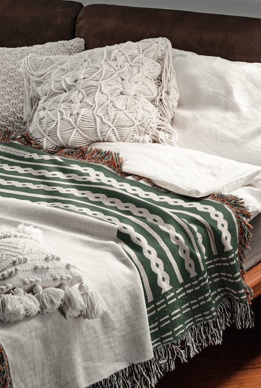 Striped Woven Cotton Blanket in Green and Beige