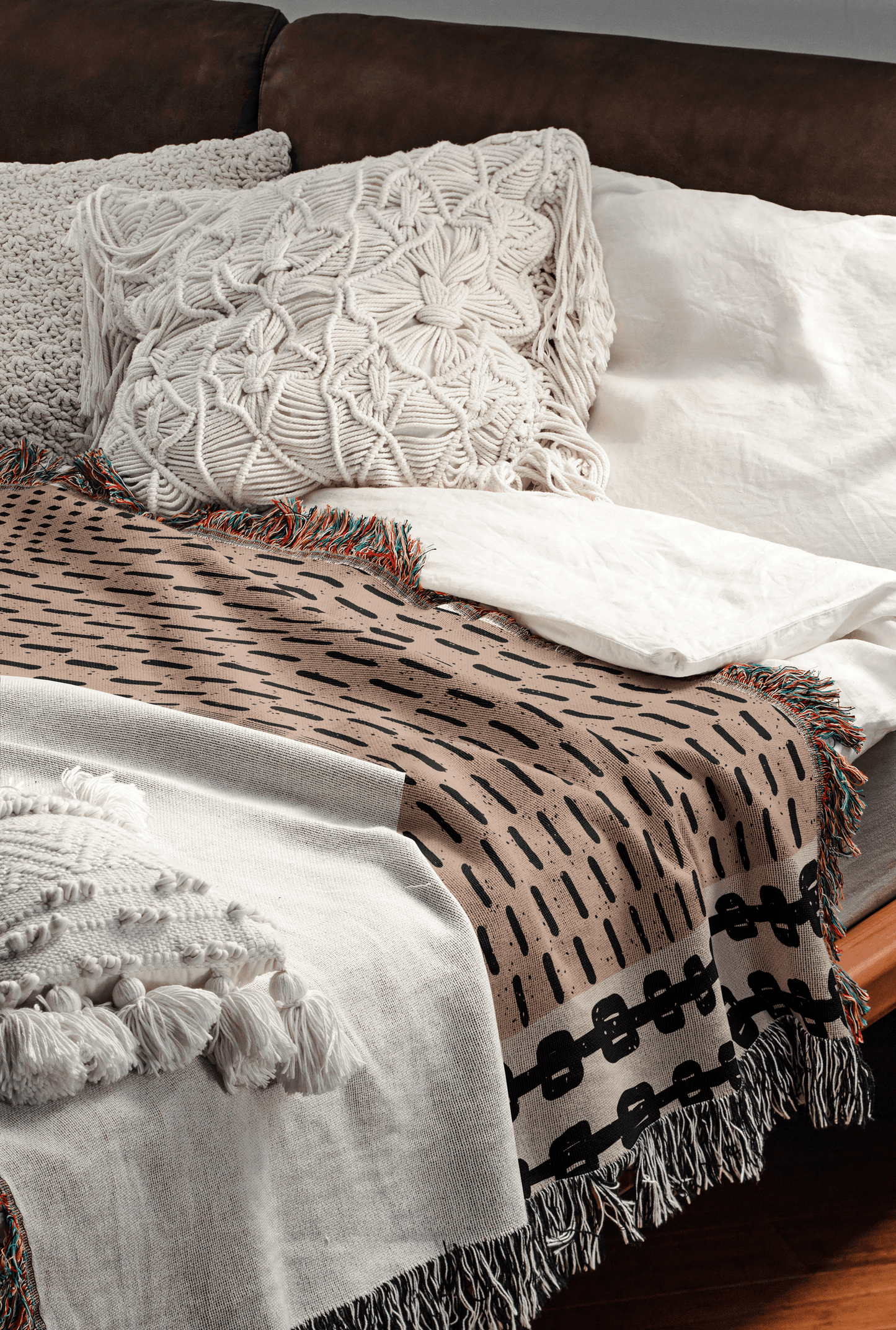 Dot Pattern Woven Cotton Blanket in Beige and Black