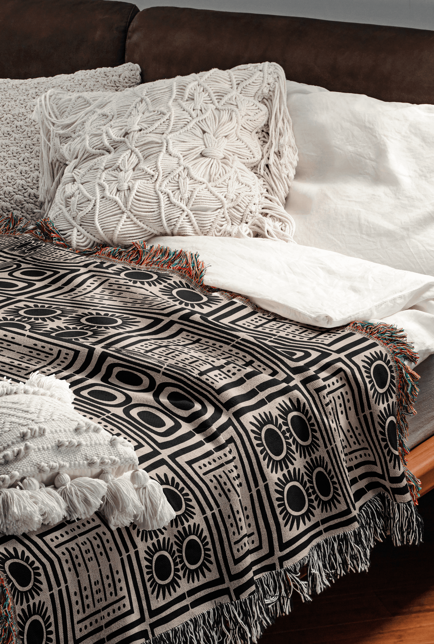 Geometric Patchwork Woven Cotton Blanket in Beige and Black