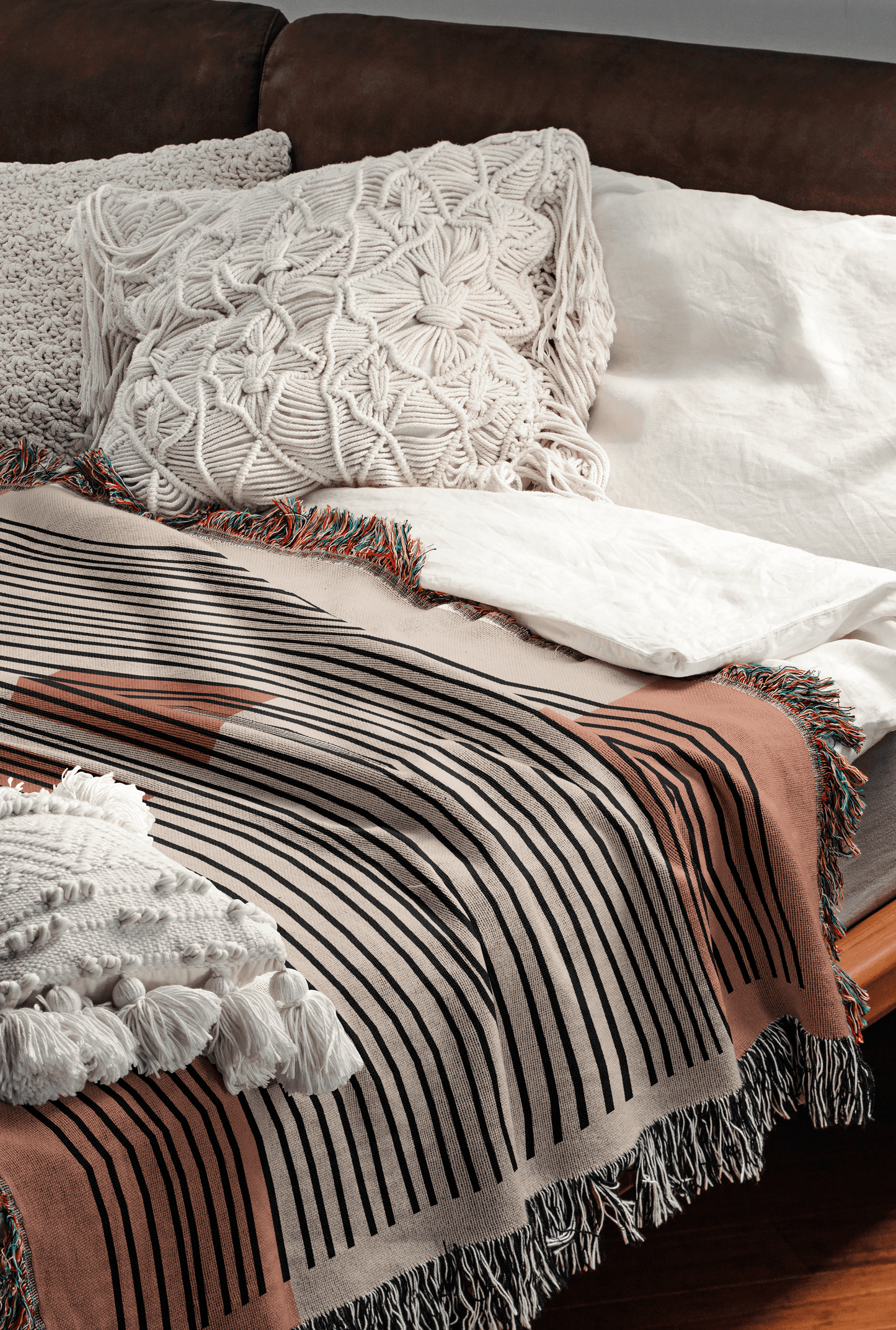 Linear Abstract Woven Cotton Blanket in Terracotta and Black