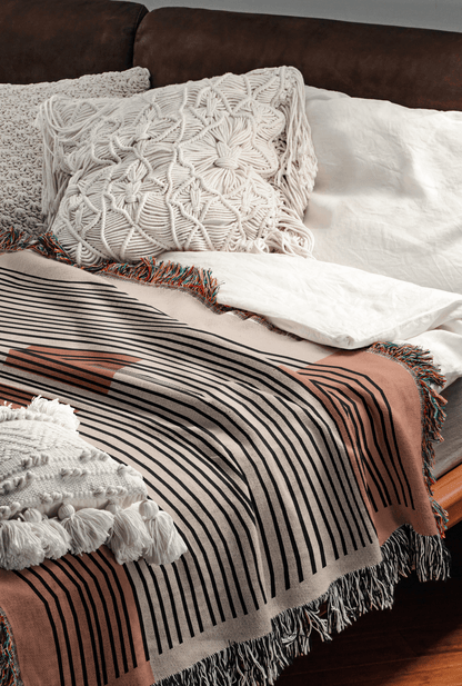 Linear Abstract Woven Cotton Blanket in Terracotta and Black