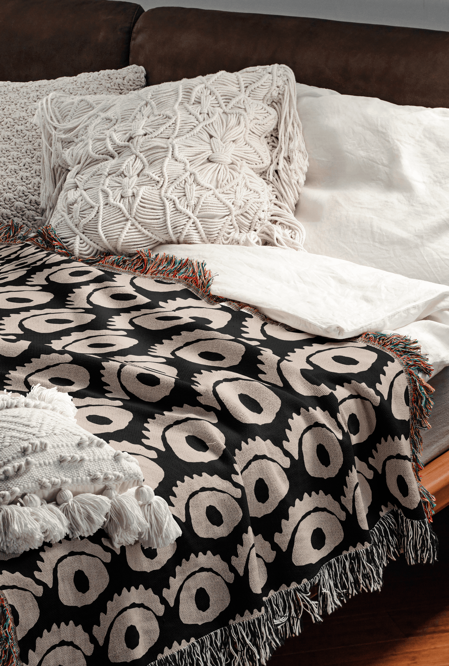 All-Seeing Eye Woven Cotton Blanket in Black and Beige