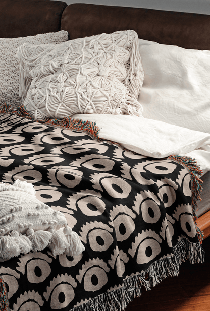 All-Seeing Eye Woven Cotton Blanket in Black and Beige