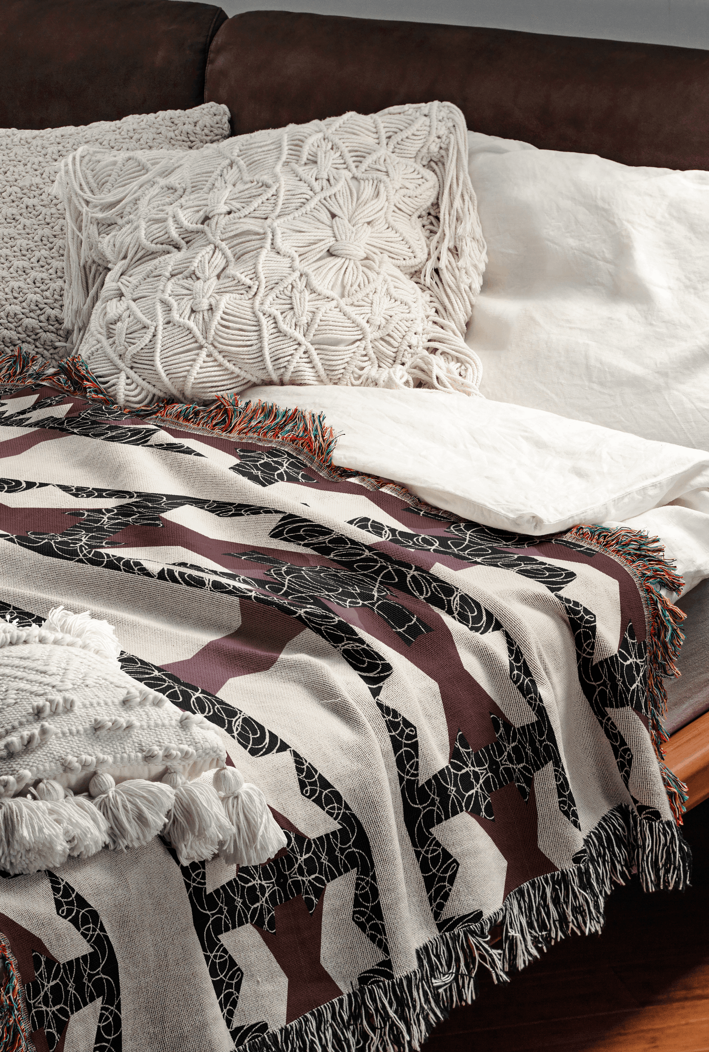 Crimson Nexus Geometric Tapestry in Black, Beige, and Mauve
