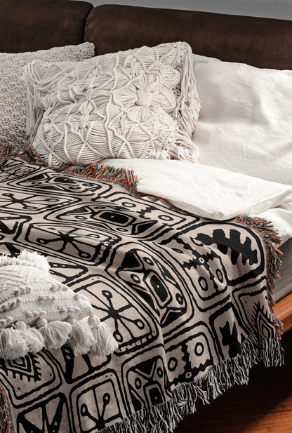 Tribal Motif Patchwork Woven Cotton Blanket in Beige and Black