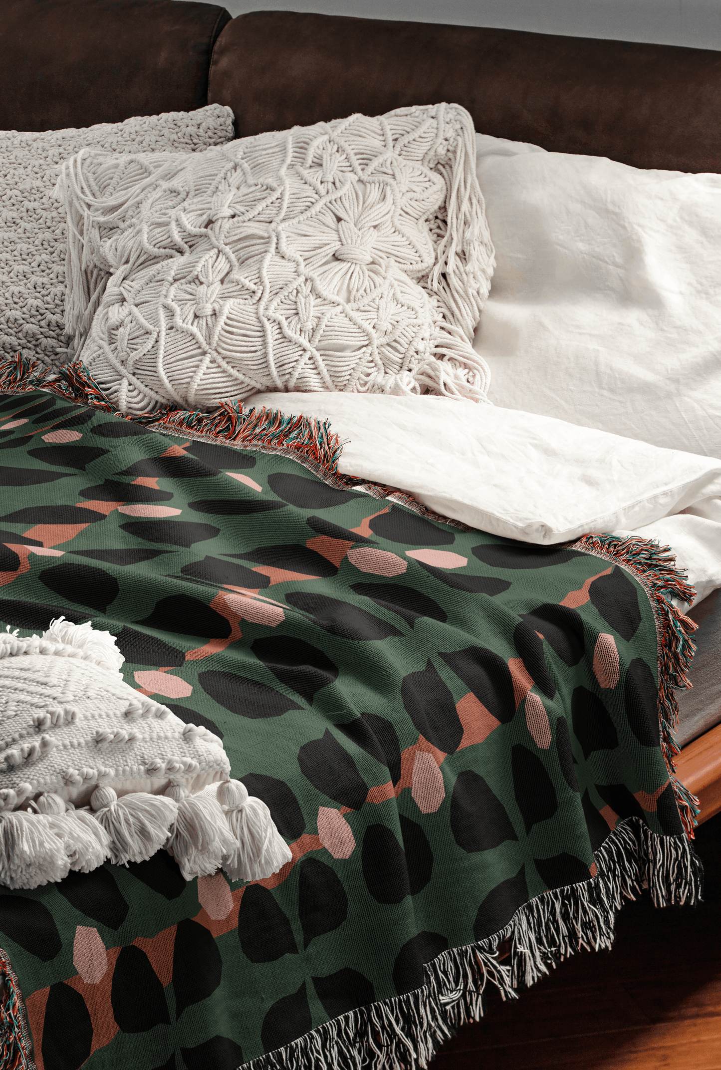 Mid-Century Modern Clover Woven Cotton Blanket in Green, Pink, and Black