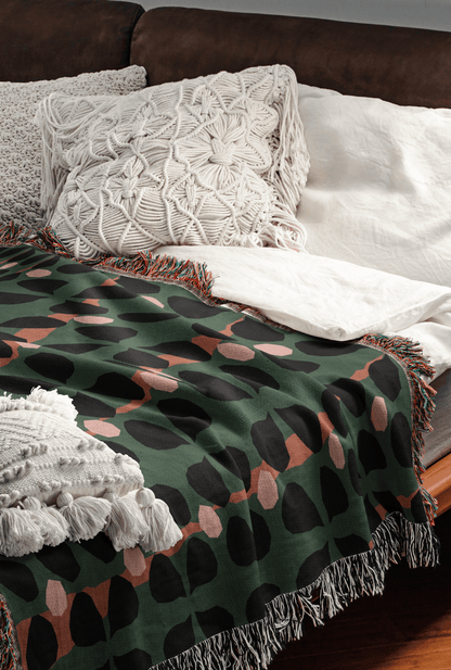 Mid-Century Modern Clover Woven Cotton Blanket in Green, Pink, and Black