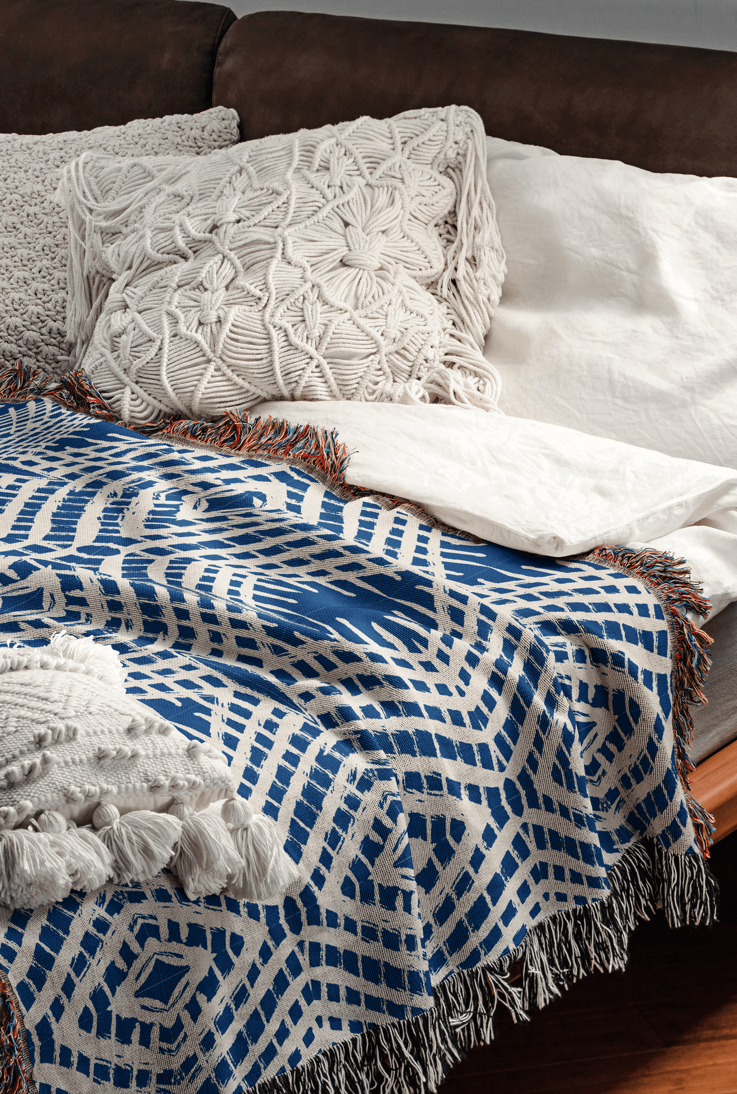 Blue Diamond Lattice Woven Cotton Blanket