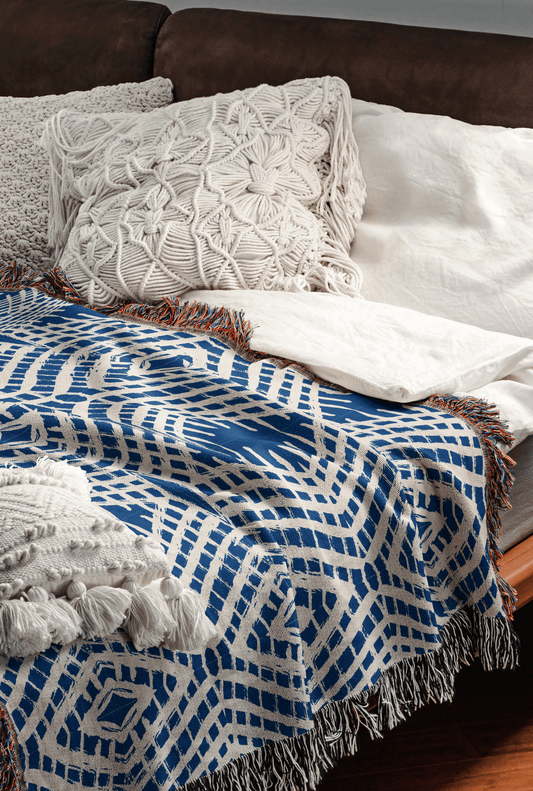 Blue Diamond Lattice Woven Cotton Blanket