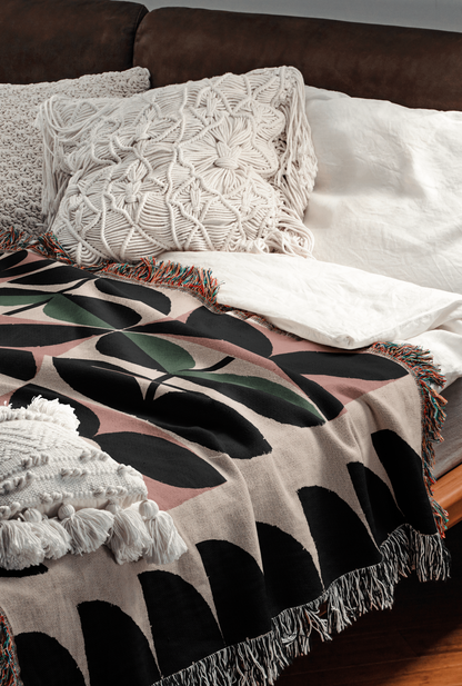 Mid-Century Modern Geometric Floral Cotton Throw Blanket