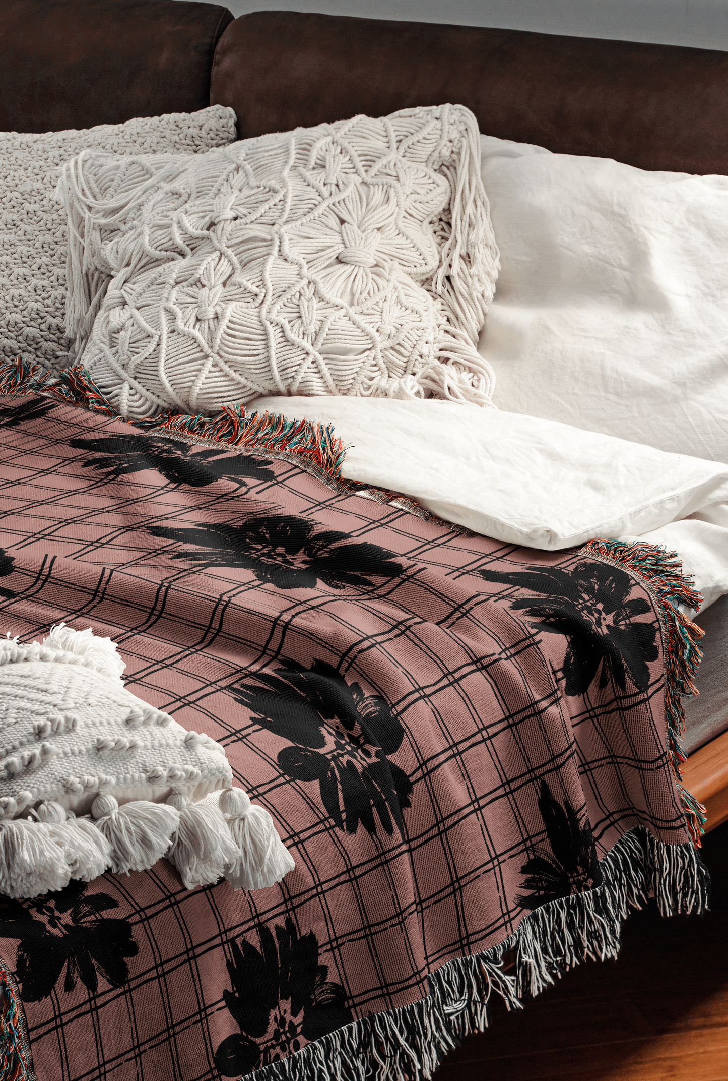 Checkered Floral Woven Throw Blanket