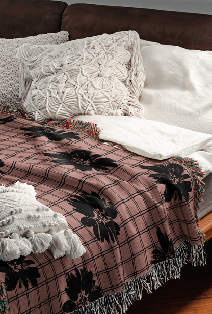 Checkered Floral Woven Throw Blanket