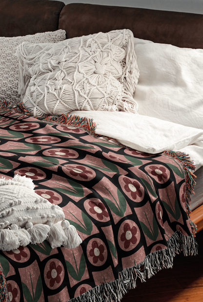 Boho Pink Floral Abstract Woven Throw Blanket