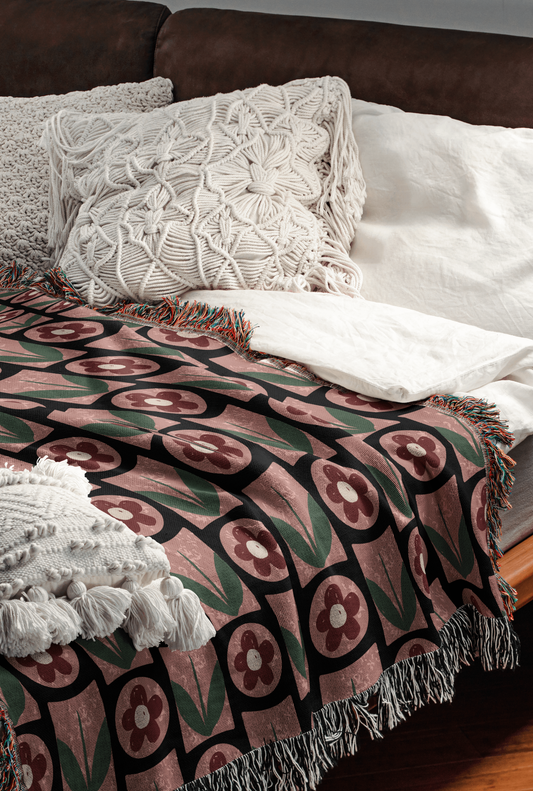 Boho Pink Floral Abstract Woven Throw Blanket