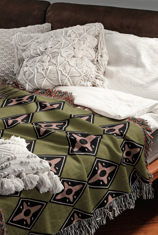 Olive Green Diamond Geometric Woven Cotton Blanket