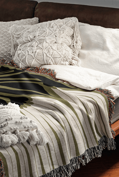 Abstract Floral Woven Cotton Blanket – Olive Green, Black & White