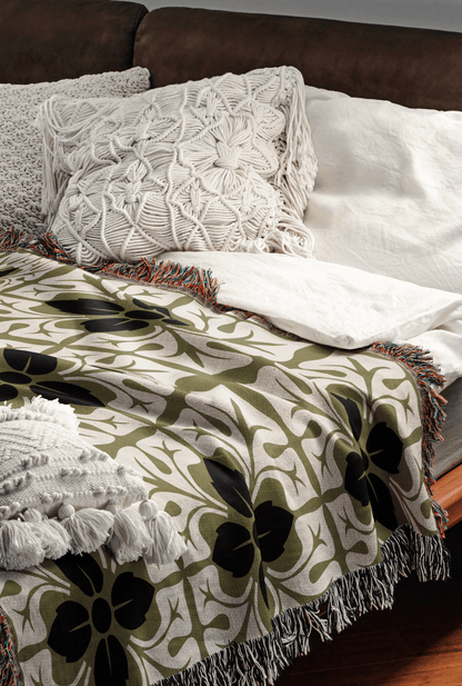 Floral Tile Woven Cotton Blanket – Olive Green, Black & Cream
