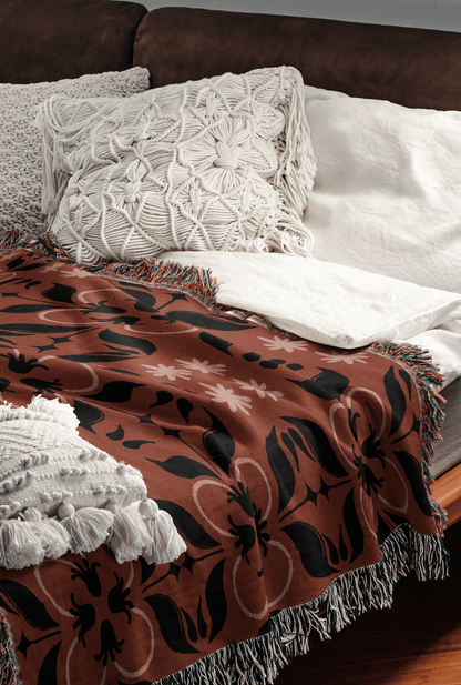 Vintage Floral Woven Cotton Blanket – Terracotta, Pink & Black