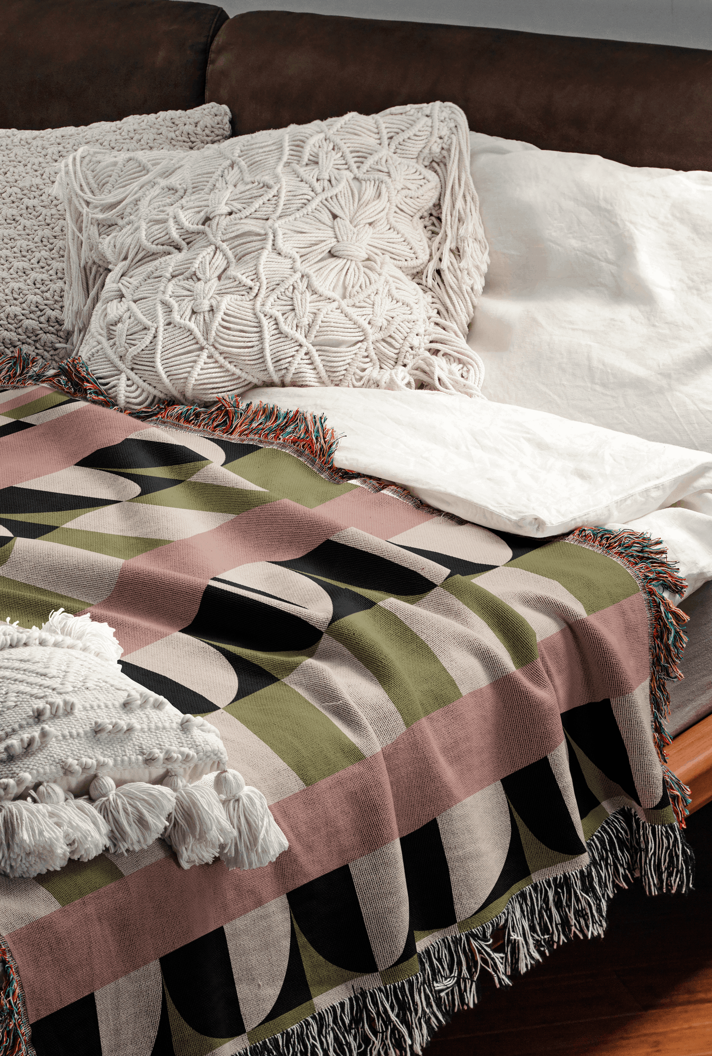 Blush & Olive Green Mid Century Modern Woven Cotton Throw