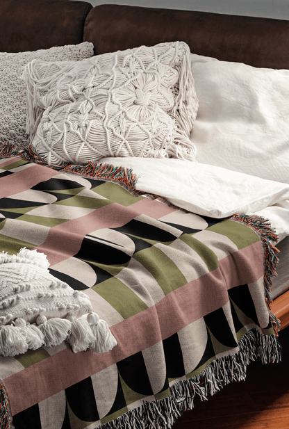 Blush & Olive Green Mid Century Modern Woven Cotton Throw