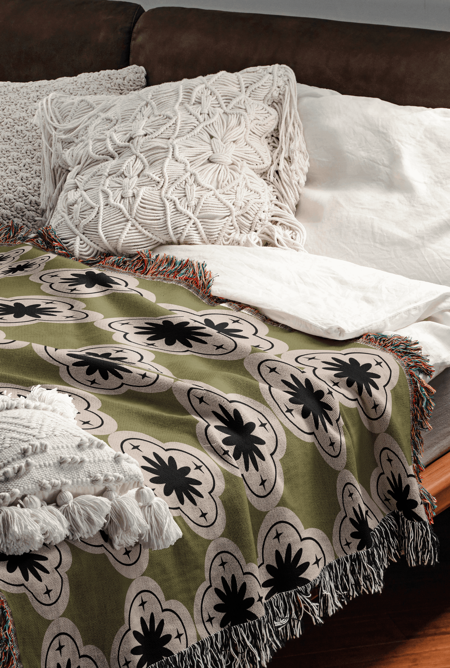 Olive Green Geometric Floral Woven Throw Blanket