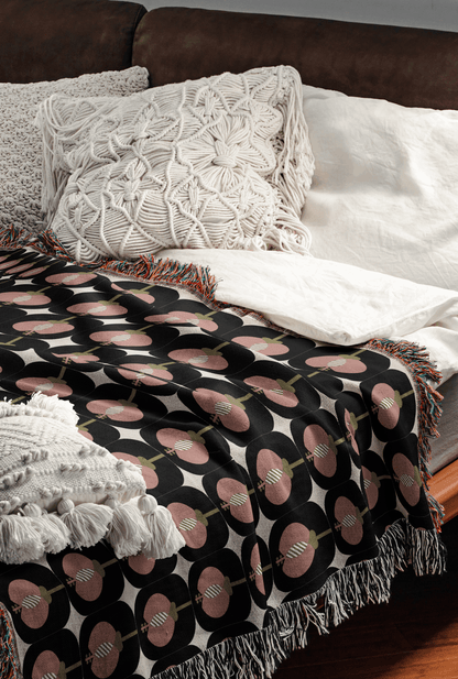 Retro Geometric Woven Throw Blanket – Black, Rose & Olive