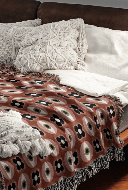Vintage Flower and Eye Mod Woven Throw Blanket
