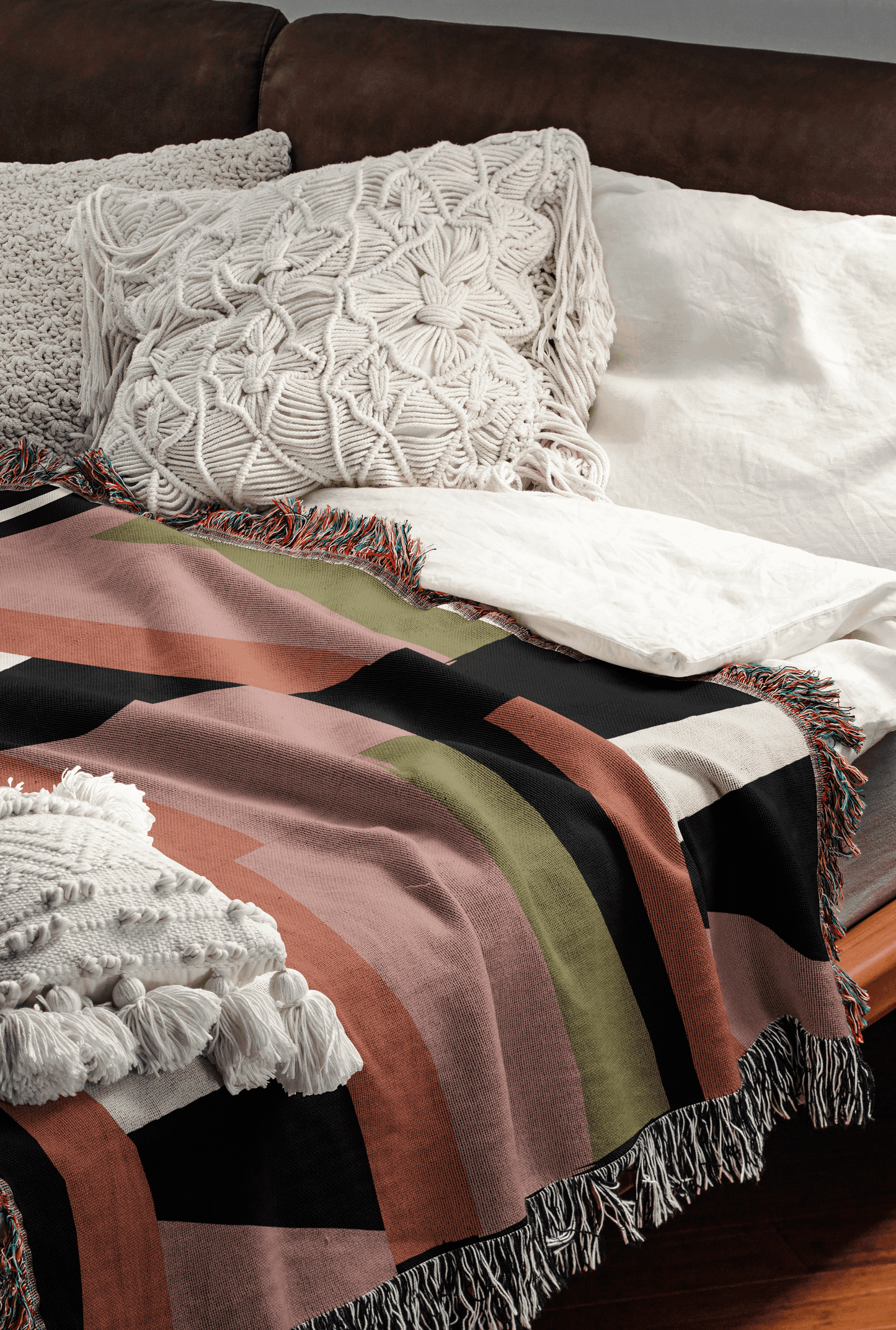 Abstract Modern Woven Throw Blanket – Blush, Olive & Charcoal