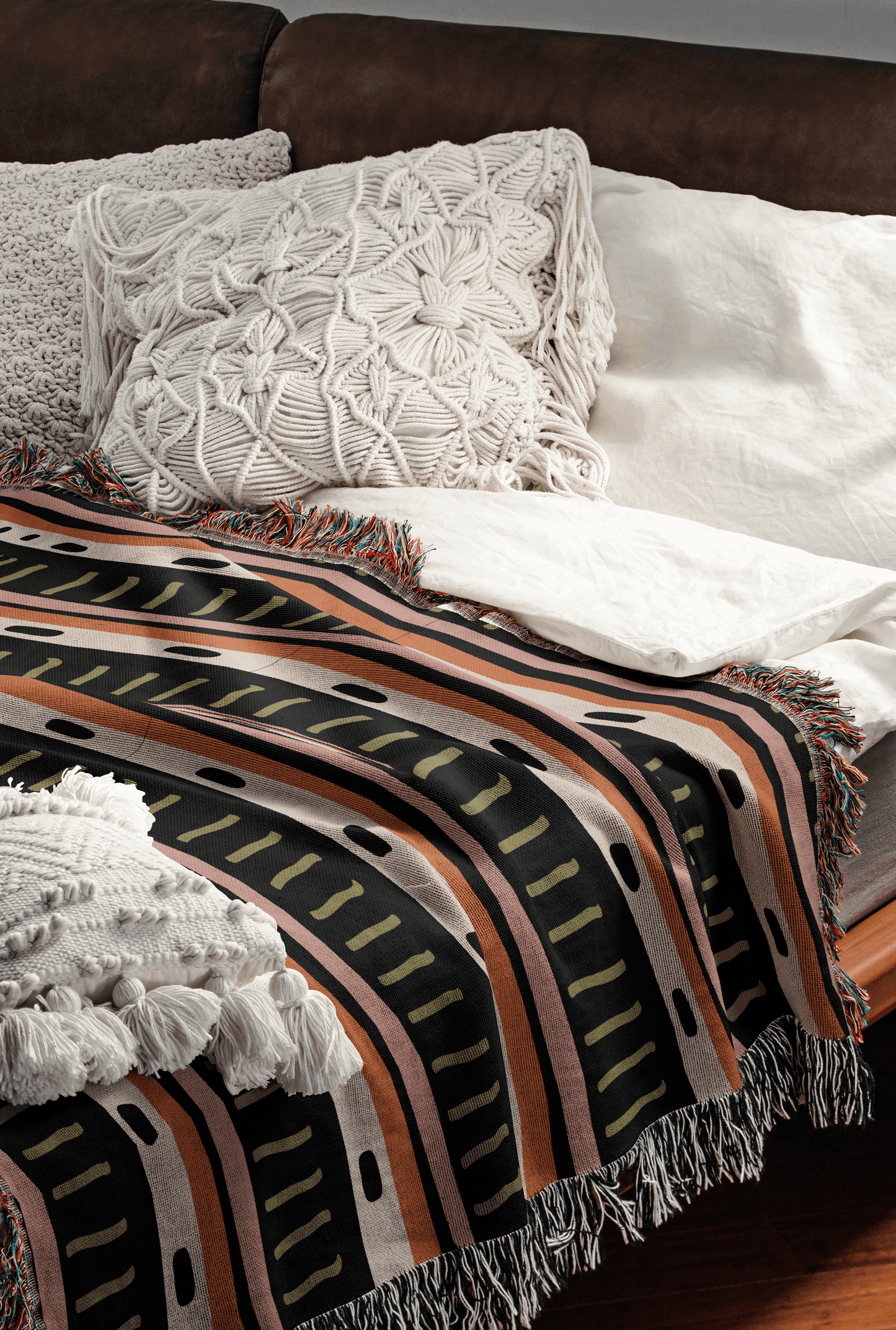 Boho Stripe Woven Throw Blanket – Earthy Tones with Dots & Lines
