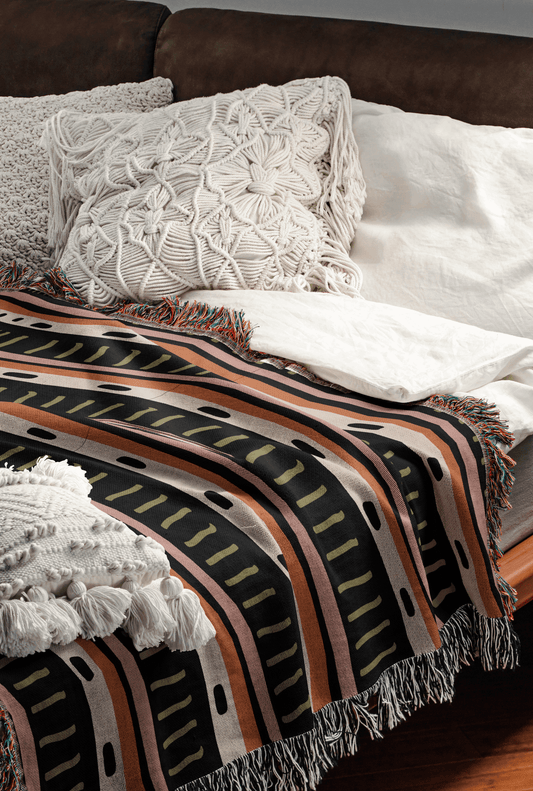 Boho Stripe Woven Throw Blanket – Earthy Tones with Dots & Lines