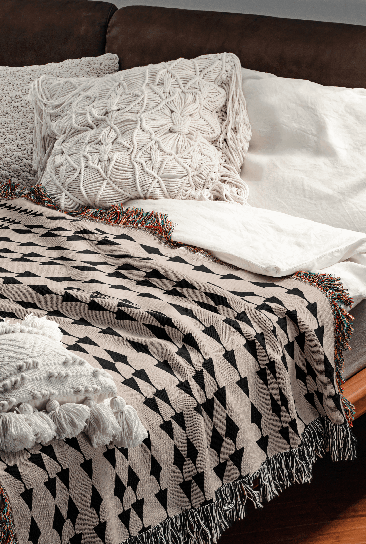 Beige and Black Scandinavian Geometric Throw Blanket