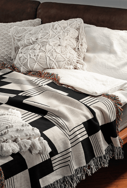 Beige and Black Modern Checkered Throw Blanket
