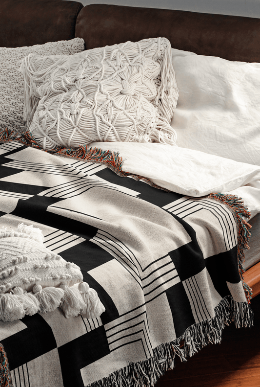 Beige and Black Modern Checkered Throw Blanket