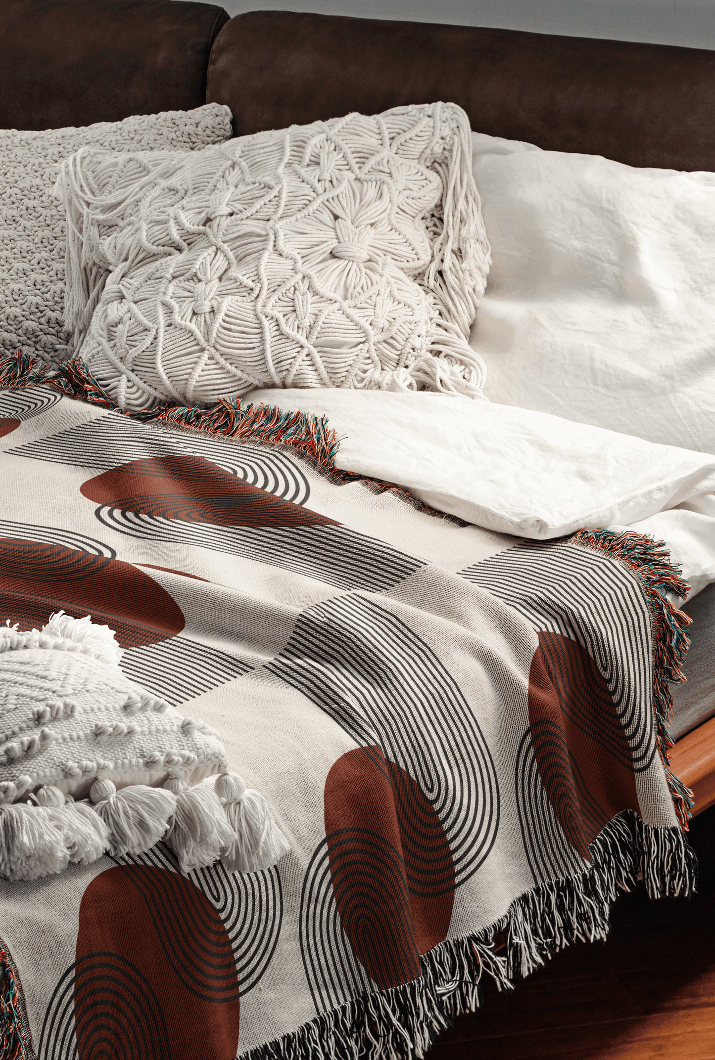 Burgundy and Beige Modern Circle Woven Blanket