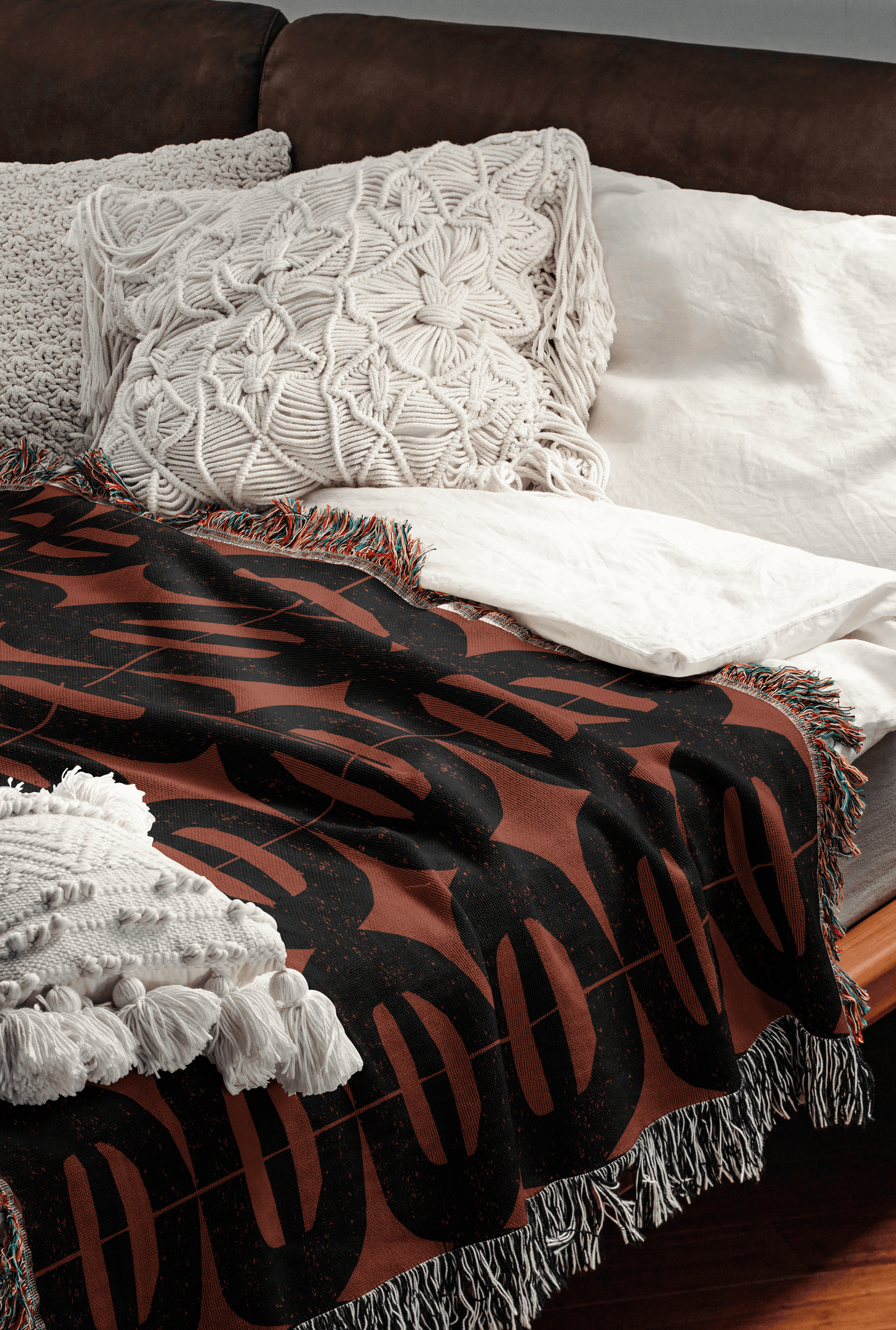 Rust and Charcoal Geometric Woven Throw Blanket – Mid-Century Modern Style