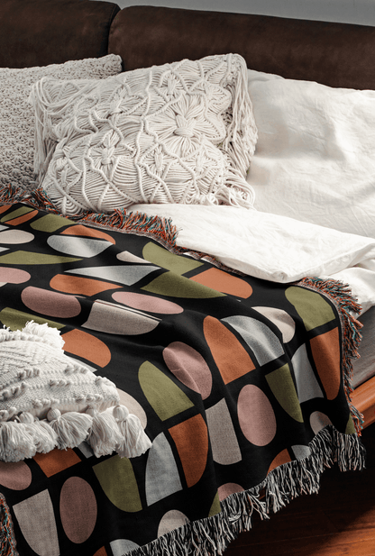 Colorful Geometric Woven Cotton Throw Blanket – Retro Modern Design