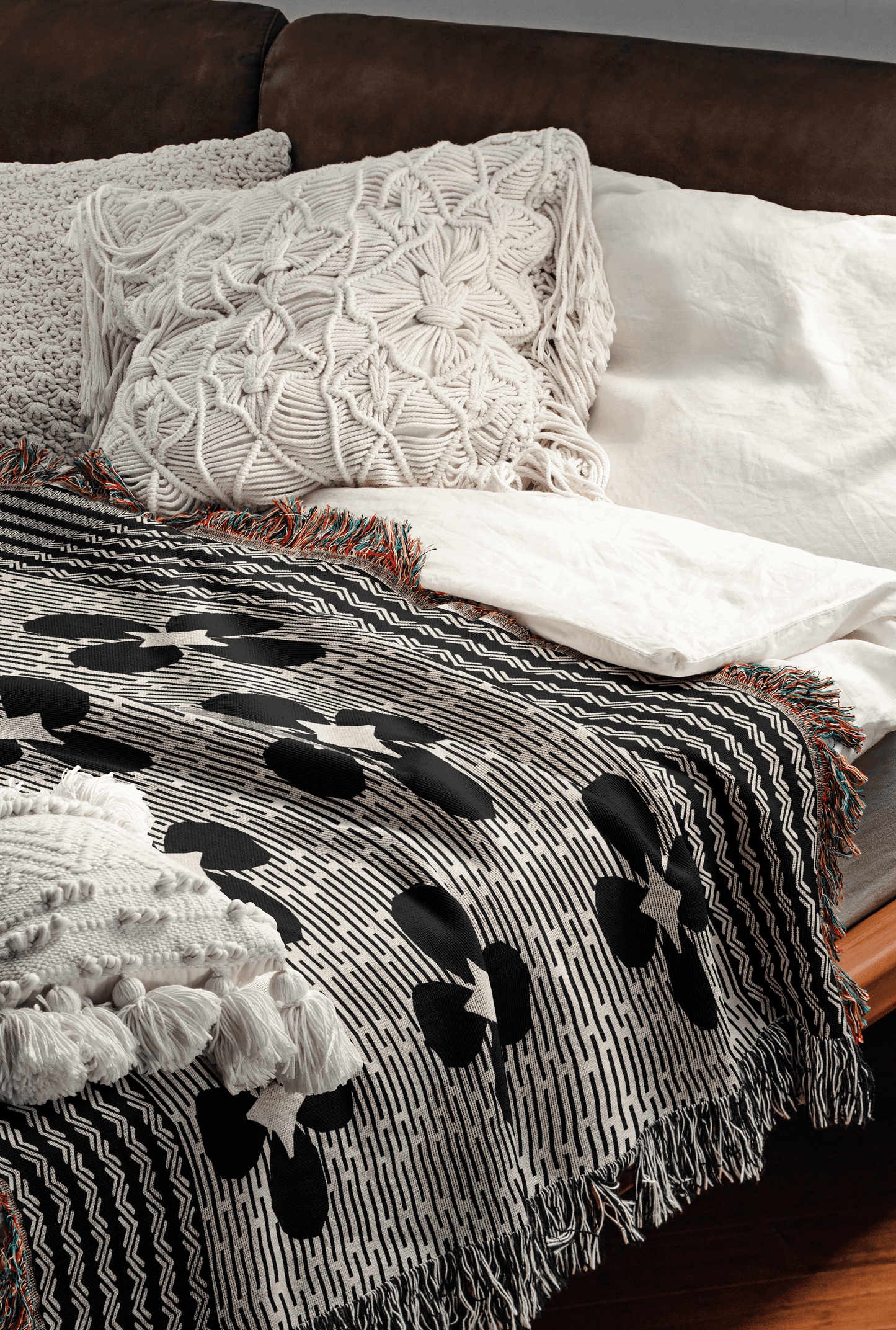 Black and White Woven Floral Throw Blanket