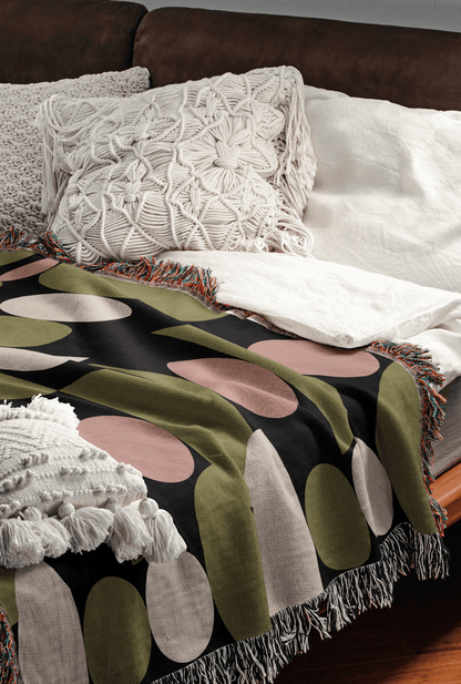 Modern Geometric Woven Throw Blanket – Olive, Blush & Cream Circles