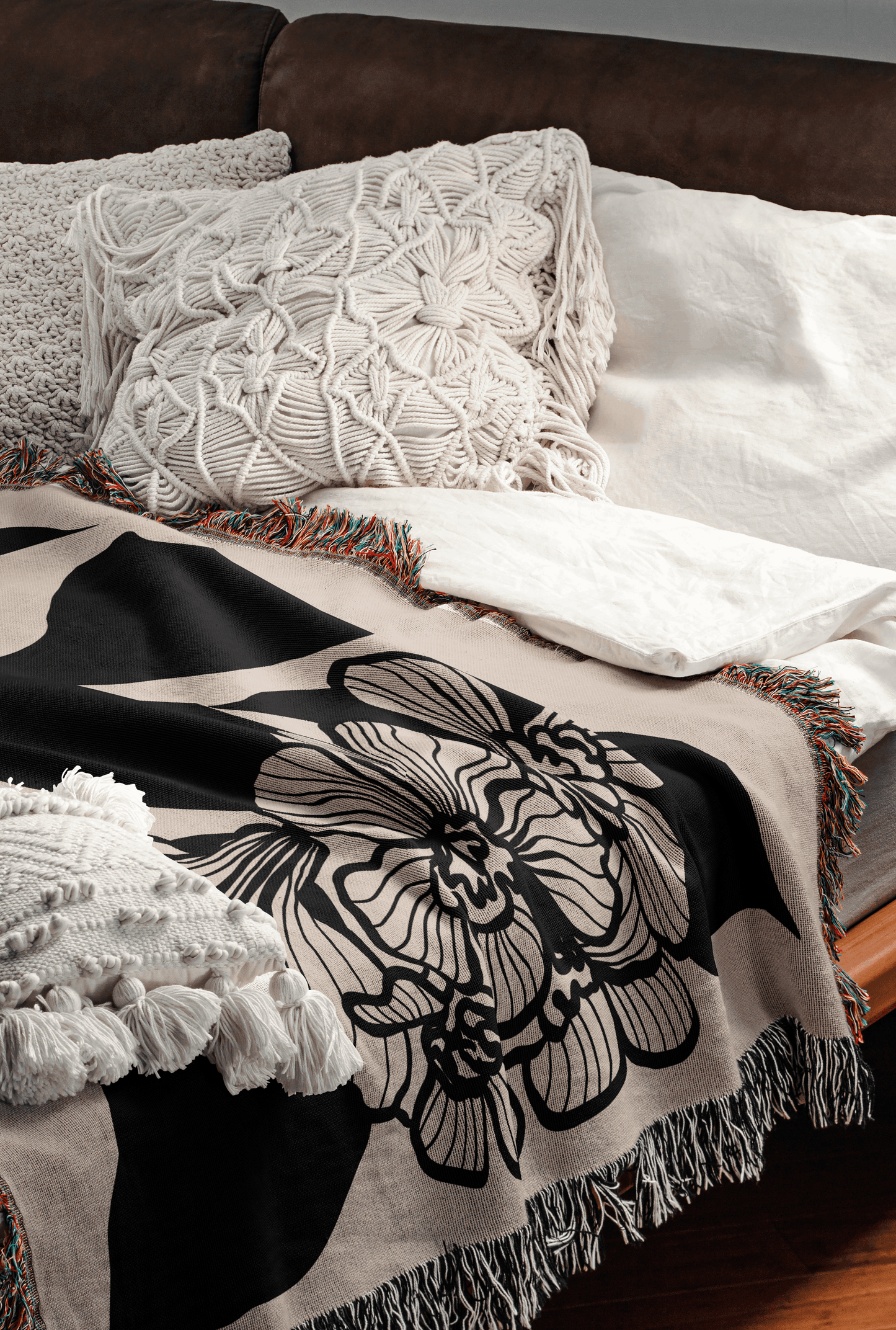 Black and Beige Modern Botanical Woven Throw Blanket