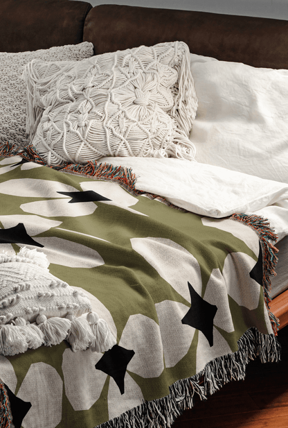 Olive Green Floral Woven Throw Blanket – Mid-Century Starflower
