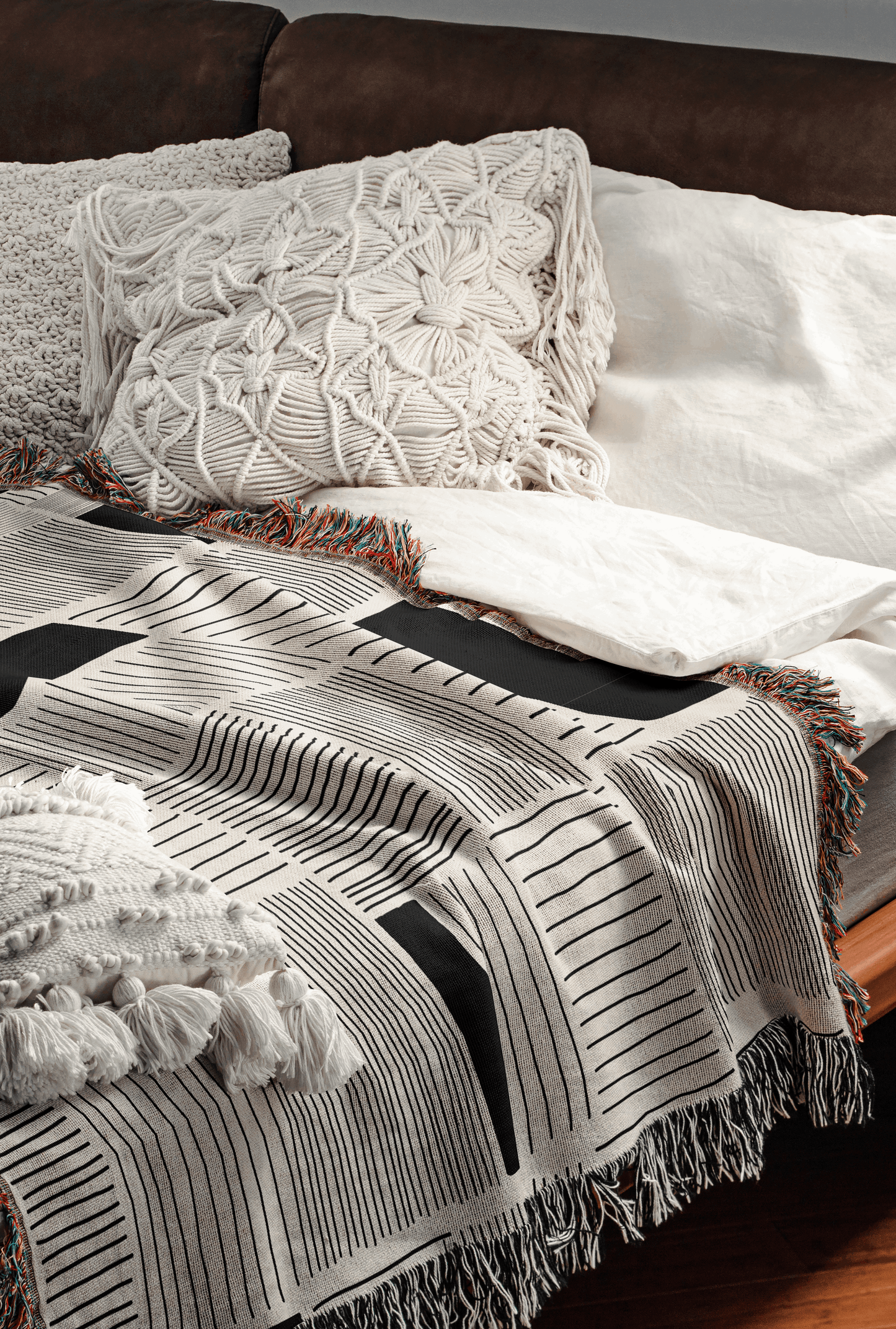 Modern Minimalist Beige and Black Linework Throw Blanket