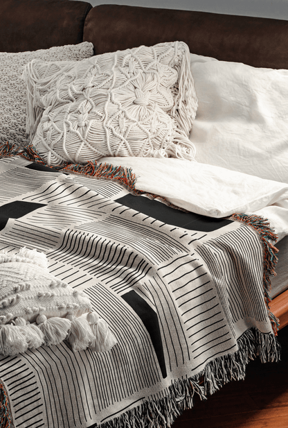 Modern Minimalist Beige and Black Linework Throw Blanket