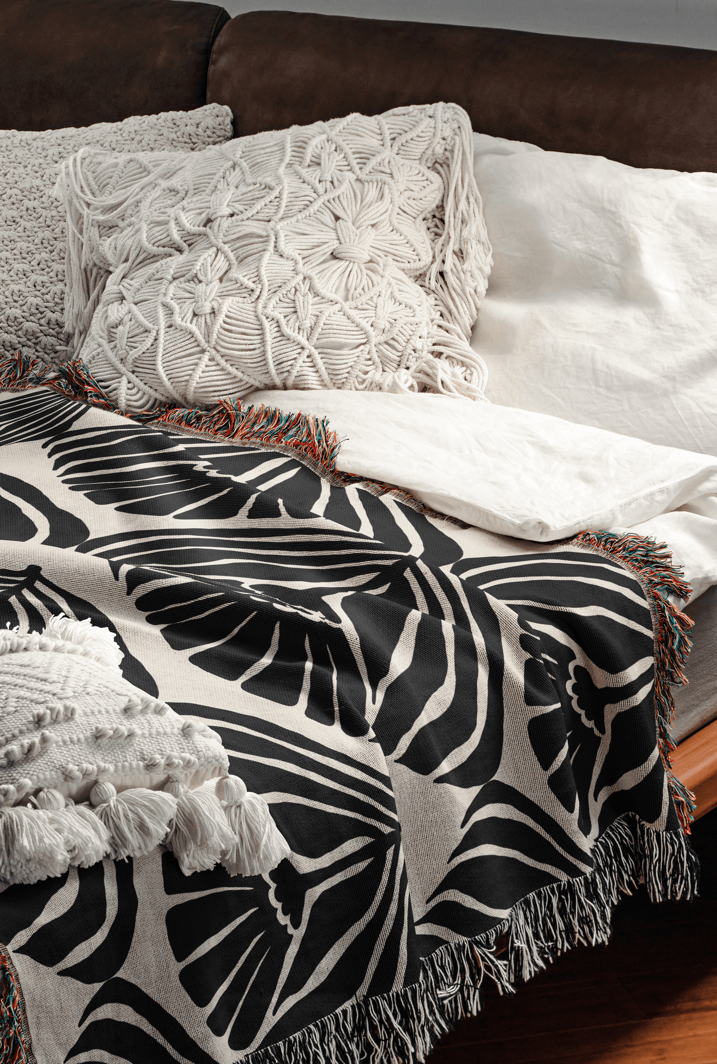 Black and Cream Art Deco Floral Woven Throw Blanket