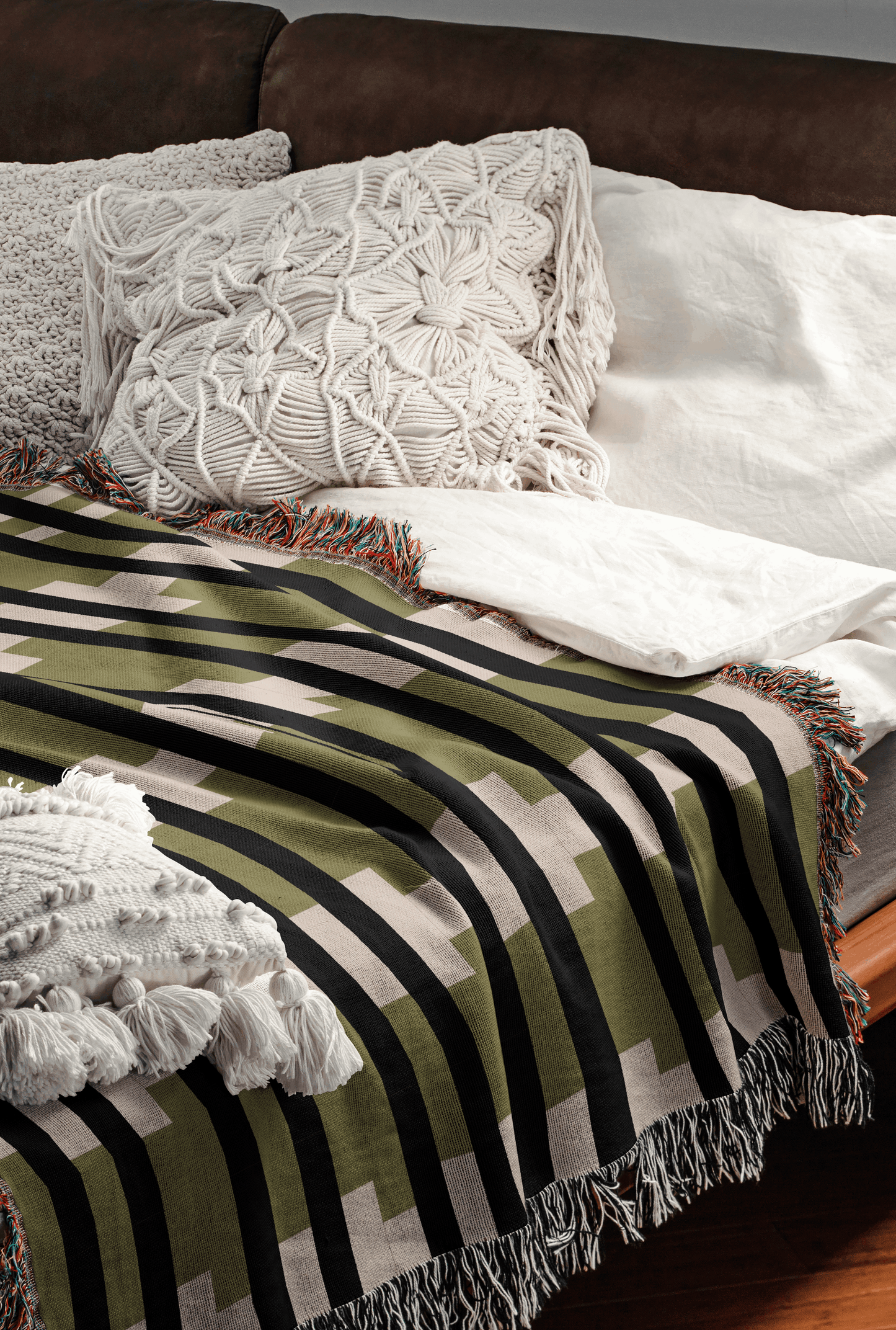 Olive Green & Cream Geometric Pattern – Modern Boho Decor