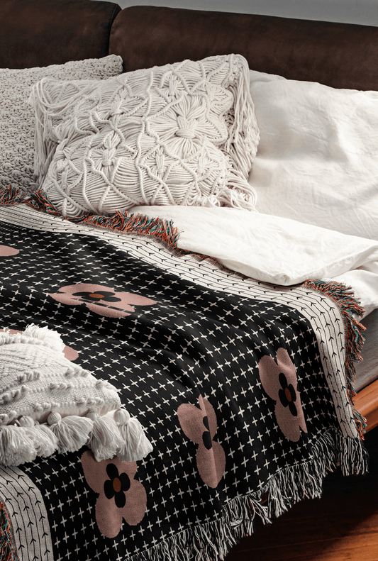 Pink and Black Flower Zigzag Border Blanket