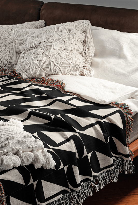 Beige and Black Retro Art Woven Throw Blanket